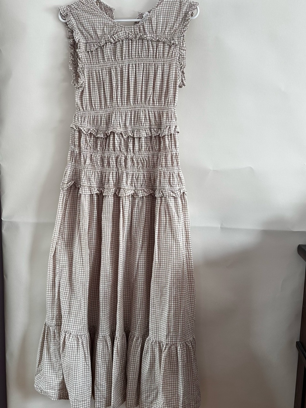 Caroline Constas Taupe Gingham Ruffle Smocked Maxi Dress